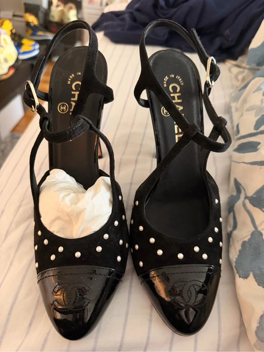 CHANEL Black Pearl-Stud Suede & Patent Slingback Heels